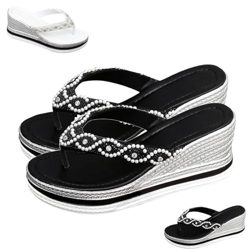 TJYAFDBF Women's Wedge Heel Rhinestone Platform Sandals, Rhinestone Flip Flops For Women With Arch Support (Black,41) von TJYAFDBF