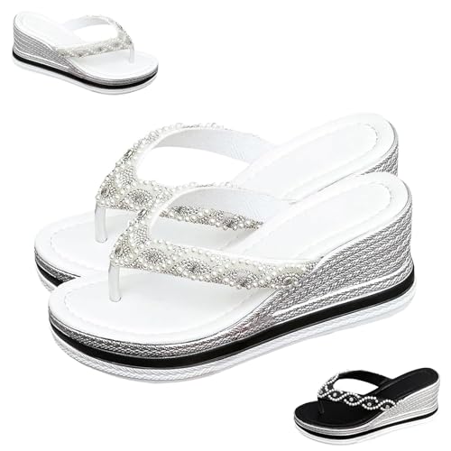 TJYAFDBF Women's Wedge Heel Rhinestone Platform Sandals, Rhinestone Flip Flops For Women With Arch Support (White,38) von TJYAFDBF
