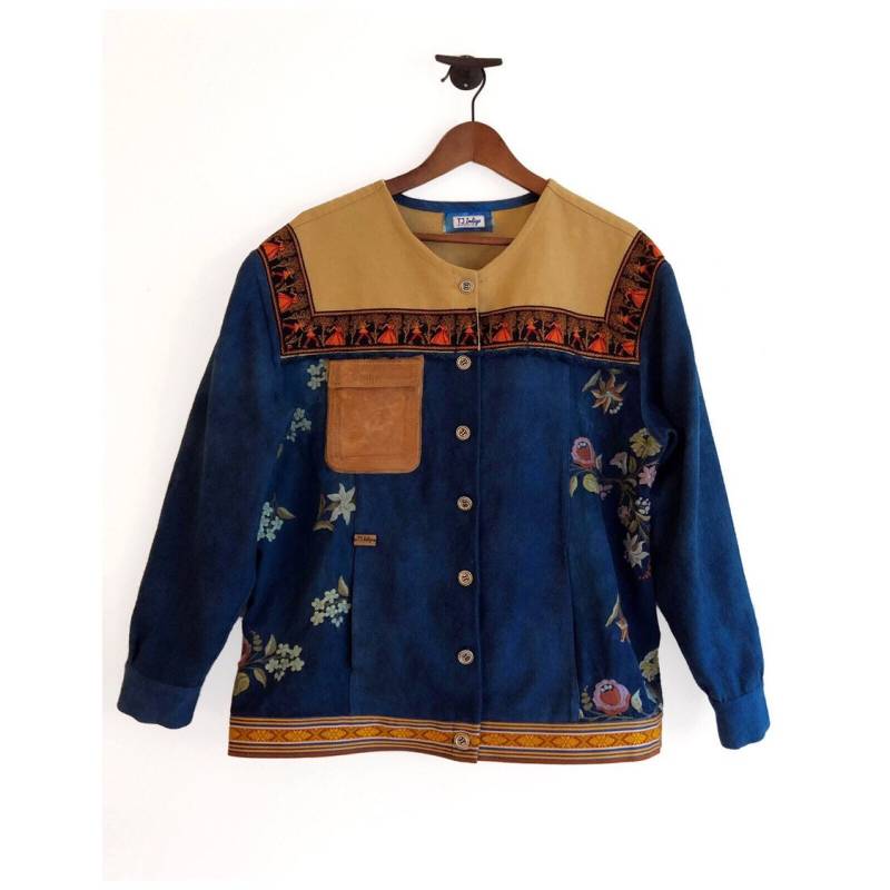 Indigo Gefärbte Jeansjacke Boho Ledertasche Mit Blumen Bestickt von TJindigo
