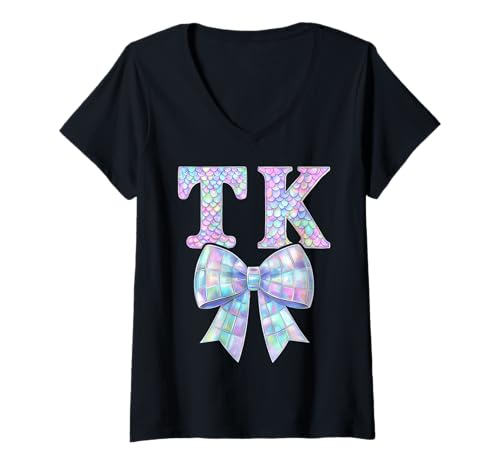 Damen I'm Ready for TK Preppy Girly Coquette Bow Girl First Day TK T-Shirt mit V-Ausschnitt Damen I'm Ready for TK Preppy Girly Coquette Bow Girl First Day TK T-Shirt mit V-Ausschnitt von TK Level Unlocked Kids Girl 1st Day of TK Teacher