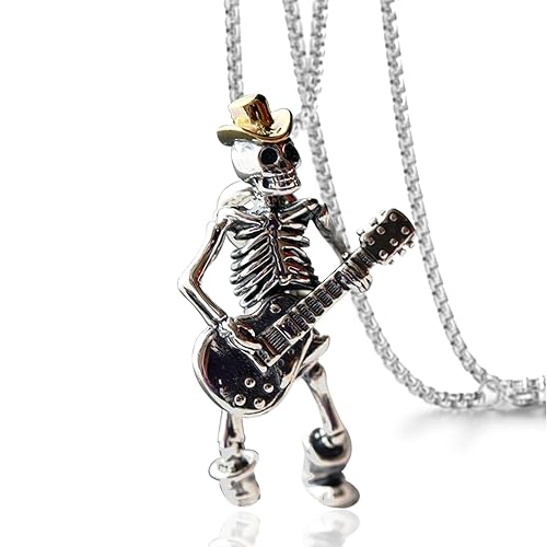 TKHLT Halskette mit Skelett-Totenkopf-Motiv, spielt Gitarre, Punk-Rock, Musikschmuck, Geschenk für Männer und Frauen von TKHLT