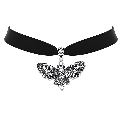 TKHLT Totenkopf-Halskette mit Totenkopf-Motiv, Gothic-Doppelflügel, Fliegenmotten-Anhänger, mystische Hexe, Schmuck, Geschenke für Frauen von TKHLT