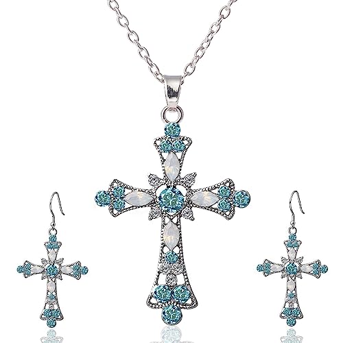 TKHLT Y2k Schmuck-Set mit blauem Kristallkreuz, Halskette und Ohrringen mit Indie-Zirkon, Ohrstecker und Anhänger-Halskette für Damen von TKHLT