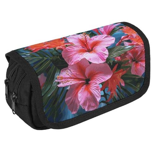 Federmäppchen mit großem Fassungsvermögen, mit Reißverschluss, rosa Blume, tropische Pflanze, multifunktionales Federmäppchen mit 3 Fächern, Make-up-Tasche für Erwachsene, Stoff, Make-up-Tasche für von TKJMCSW