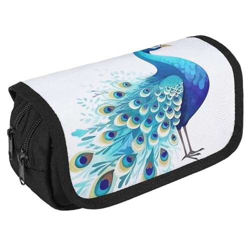 TKJMCSW Federmäppchen mit großem Fassungsvermögen, Reißverschluss, Cartoon-blauer Pfau, multifunktionales Federmäppchen mit 3 Fächern, Make-up-Tasche für Erwachsene, Stoff, Make-up-Tasche für Damen von TKJMCSW