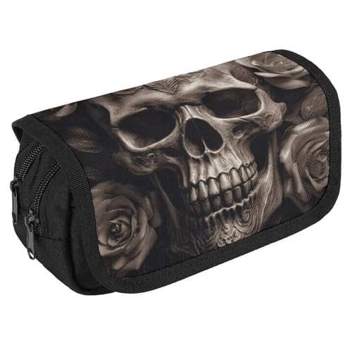 TKJMCSW Federmäppchen mit großem Fassungsvermögen, Reißverschluss, Leder, Rose, Totenkopf, multifunktionales Federmäppchen mit 3 Fächern, Erwachsenen-Make-up-Tasche für Damen, Herren TKJMCSW Federmäppchen mit großem Fassungsvermögen, Reißverschluss, Leder, Rose, Totenkopf, multifunktionales Federmäppchen mit 3 Fächern, Erwachsenen-Make-up-Tasche für Damen, Herren von TKJMCSW
