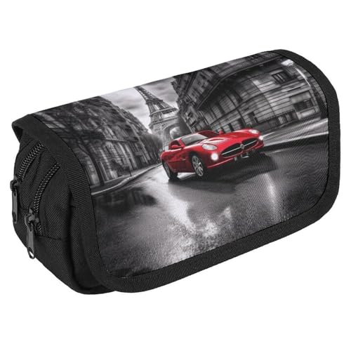 TKJMCSW Federmäppchen mit großem Fassungsvermögen, Reißverschluss, Stadtstraße, rotes Auto, multifunktionales Federmäppchen mit 3 Fächern, Make-up-Tasche für Erwachsene, Stoff, Make-up-Tasche für von TKJMCSW