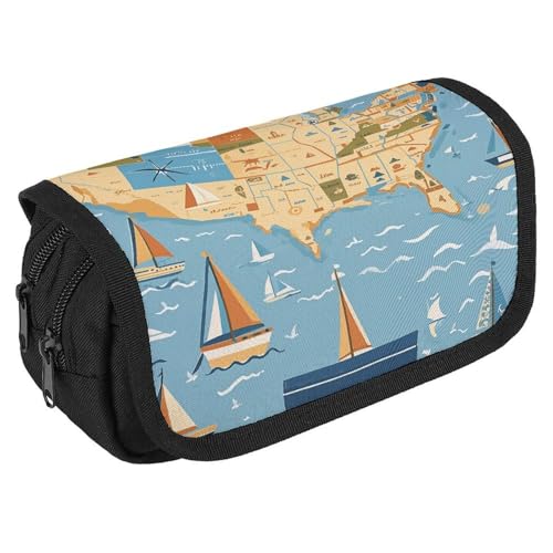 TKJMCSW Federmäppchen mit großem Fassungsvermögen, Reißverschluss, nautisches Segelboot, Karte, Federmäppchen, multifunktionales Federmäppchen mit 3 Fächern, Make-up-Tasche für Erwachsene, Stoff von TKJMCSW