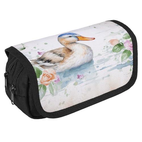 TKJMCSW Federmäppchen mit großem Fassungsvermögen, mit Reißverschluss, Aquarell-Ente, multifunktionales Federmäppchen mit 3 Fächern, Make-up-Tasche für Erwachsene, Stoff, Make-up-Tasche für Damen und von TKJMCSW