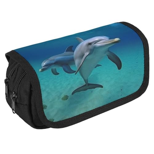 TKJMCSW Federmäppchen mit großem Fassungsvermögen, mit Reißverschluss, Delfine, Unterwasser-Federmäppchen, multifunktionales Federmäppchen mit 3 Fächern, Make-up-Tasche für Erwachsene, Stoff, für von TKJMCSW