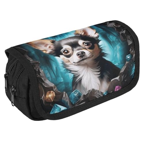 TKJMCSW Federmäppchen mit großem Fassungsvermögen, mit Reißverschluss, Edelsteinhöhle, Chihuahua, multifunktionales Federmäppchen mit 3 Fächern, Make-up-Tasche für Erwachsene, Stoff, Make-up-Tasche von TKJMCSW