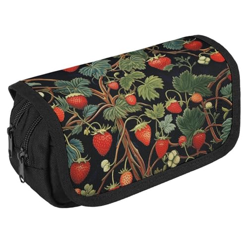 TKJMCSW Federmäppchen mit großem Fassungsvermögen, mit Reißverschluss, Erdbeermuster, multifunktionales Federmäppchen mit 3 Fächern, Make-up-Tasche für Erwachsene, Stoff, Make-up-Tasche für Damen und von TKJMCSW