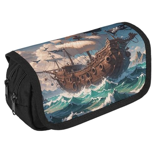 TKJMCSW Federmäppchen mit großem Fassungsvermögen, mit Reißverschluss, Fantasie-Piratenschiff, multifunktionales Federmäppchen mit 3 Fächern, Make-up-Tasche für Erwachsene, Stoff, für Damen und Herren von TKJMCSW