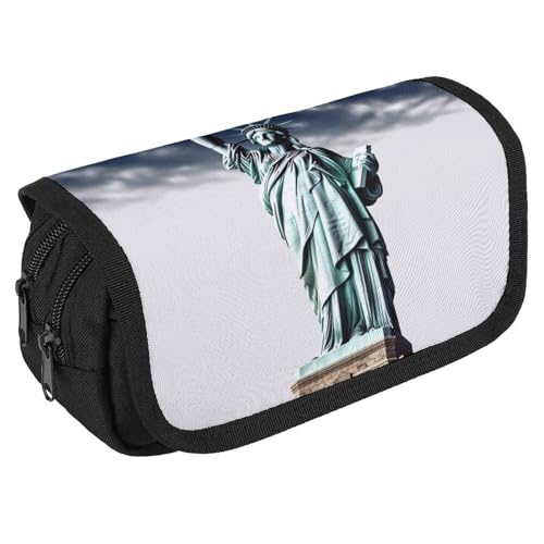 TKJMCSW Federmäppchen mit großem Fassungsvermögen, mit Reißverschluss, Freiheitsstatue, multifunktionales Federmäppchen mit 3 Fächern, Make-up-Tasche für Erwachsene, Stoff, für Damen und Herren von TKJMCSW
