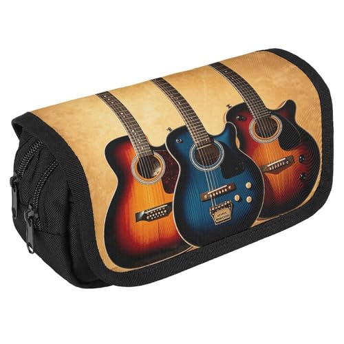 TKJMCSW Federmäppchen mit großem Fassungsvermögen, mit Reißverschluss, Gitarrensammlung, multifunktionales Federmäppchen mit 3 Fächern, für Erwachsene, Stoff, Make-up-Tasche für Damen und Herren von TKJMCSW