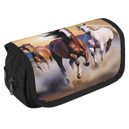 TKJMCSW Federmäppchen mit großem Fassungsvermögen, mit Reißverschluss, Laufpferde, multifunktionales Federmäppchen mit 3 Fächern, Make-up-Tasche für Erwachsene, Stoff, Make-up-Tasche für Damen und von TKJMCSW