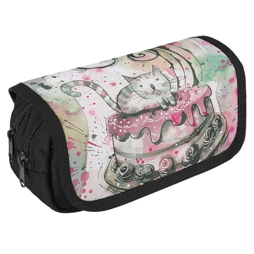 TKJMCSW Federmäppchen mit großem Fassungsvermögen, mit Reißverschluss, Motiv: Katze auf Kuchen, multifunktionales Federmäppchen mit 3 Fächern, Make-up-Tasche für Erwachsene, aus Stoff, für Damen und von TKJMCSW