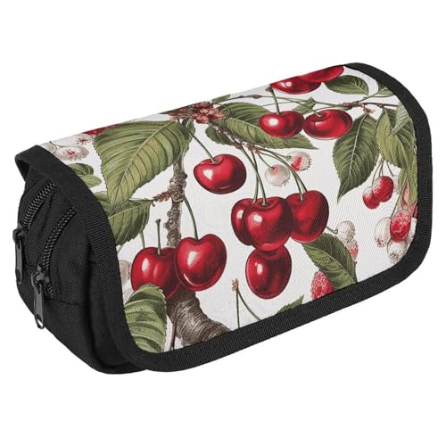 TKJMCSW Federmäppchen mit großem Fassungsvermögen, mit Reißverschluss, Motiv: Kirsche und Blätter, multifunktionales Federmäppchen mit 3 Fächern, Make-up-Tasche für Erwachsene, Stoff, für Damen und von TKJMCSW