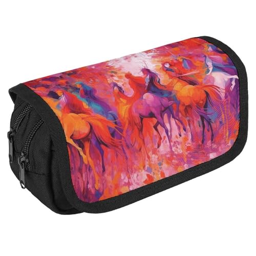 TKJMCSW Federmäppchen mit großem Fassungsvermögen, mit Reißverschluss, Motiv: Pferd, Malerei, Federmäppchen, multifunktionales Federmäppchen mit 3 Fächern, Make-up-Tasche für Erwachsene, Stoff von TKJMCSW