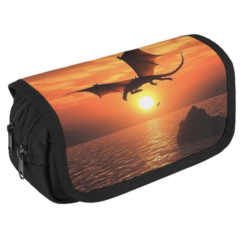 TKJMCSW Federmäppchen mit großem Fassungsvermögen, mit Reißverschluss, Motiv: fliegender Drache, multifunktionales Federmäppchen mit 3 Fächern, Make-up-Tasche für Erwachsene, Stoff, für Damen und von TKJMCSW