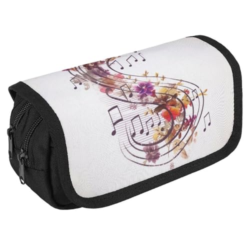 TKJMCSW Federmäppchen mit großem Fassungsvermögen, mit Reißverschluss, Musiknoten, Blumenmuster, multifunktionales Federmäppchen mit 3 Fächern, Make-up-Tasche für Erwachsene, Stoff, für Damen und von TKJMCSW