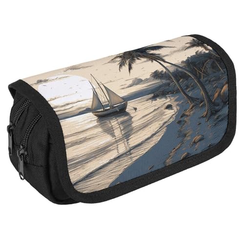 TKJMCSW Federmäppchen mit großem Fassungsvermögen, mit Reißverschluss, Palmen, Fischerboot, multifunktionales Federmäppchen mit 3 Fächern, Make-up-Tasche für Erwachsene, Stoff, Make-up-Tasche für von TKJMCSW