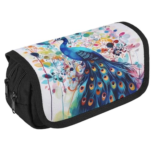 TKJMCSW Federmäppchen mit großem Fassungsvermögen, mit Reißverschluss, Pfau, multifunktionales Federmäppchen mit 3 Fächern, Make-up-Tasche für Erwachsene, Stoff, für Damen und Herren von TKJMCSW
