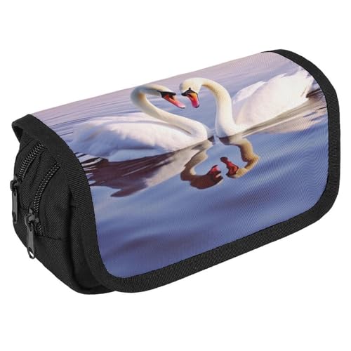 TKJMCSW Federmäppchen mit großem Fassungsvermögen, mit Reißverschluss, Schwanenherz, multifunktionales Federmäppchen mit 3 Fächern, für Erwachsene, Stoff, Make-up-Tasche für Damen und Herren von TKJMCSW