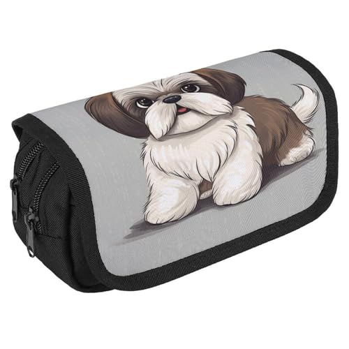 TKJMCSW Federmäppchen mit großem Fassungsvermögen, mit Reißverschluss, Shih Tzu Hund, multifunktionales Federmäppchen mit 3 Fächern, Make-up-Tasche für Erwachsene, aus Stoff, für Damen und Herren von TKJMCSW
