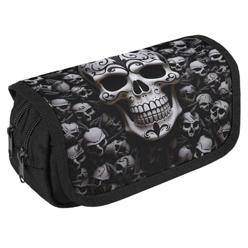 TKJMCSW Federmäppchen mit großem Fassungsvermögen, mit Reißverschluss, Totenköpfe, multifunktionales Federmäppchen mit 3 Fächern, für Erwachsene, Stoff, Make-up-Tasche für Damen und Herren von TKJMCSW