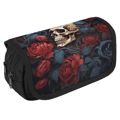 TKJMCSW Federmäppchen mit großem Fassungsvermögen, mit Reißverschluss, Totenkopf-Blume, multifunktionales Federmäppchen mit 3 Fächern, für Erwachsene, Stoff, Make-up-Tasche für Damen und Herren TKJMCSW Federmäppchen mit großem Fassungsvermögen, mit Reißverschluss, Totenkopf-Blume, multifunktionales Federmäppchen mit 3 Fächern, für Erwachsene, Stoff, Make-up-Tasche für Damen und Herren von TKJMCSW