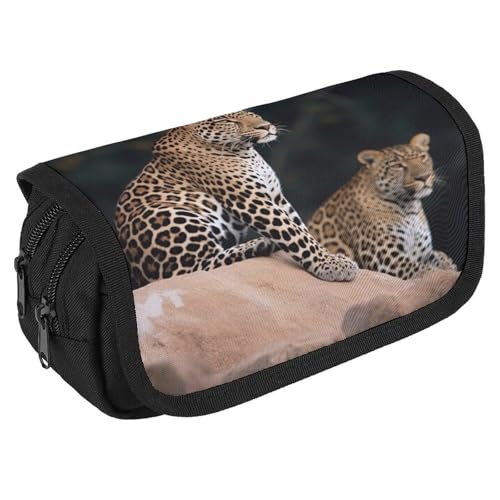 TKJMCSW Federmäppchen mit großem Fassungsvermögen, mit Reißverschluss, afrikanischer Leopard auf Felsen, multifunktionales Federmäppchen mit 3 Fächern, Make-up-Tasche für Erwachsene, Stoff, für Damen von TKJMCSW