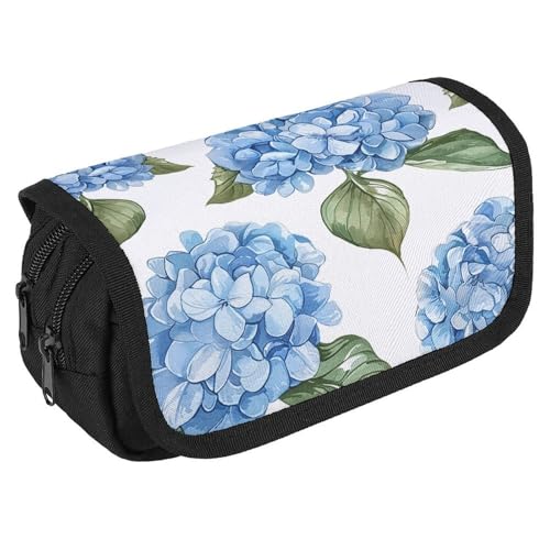 TKJMCSW Federmäppchen mit großem Fassungsvermögen, mit Reißverschluss, blaues Hortensien-Muster, Federmäppchen, multifunktionales Federmäppchen mit 3 Fächern, Make-up-Tasche für Erwachsene, Stoff, für von TKJMCSW