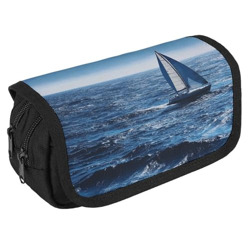 TKJMCSW Federmäppchen mit großem Fassungsvermögen, mit Reißverschluss, blaues Segelboot, multifunktionales Federmäppchen mit 3 Fächern, für Erwachsene, Stoff, Make-up-Tasche für Damen und Herren von TKJMCSW