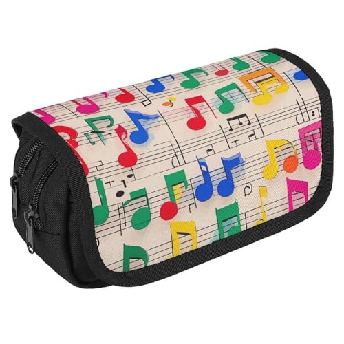 TKJMCSW Federmäppchen mit großem Fassungsvermögen, mit Reißverschluss, bunte Musiknoten, Federmäppchen, multifunktionales Federmäppchen mit 3 Fächern, Make-up-Tasche für Erwachsene, Stoff, für Damen von TKJMCSW