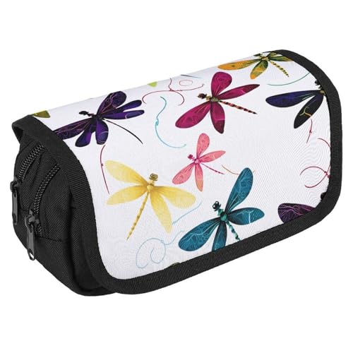 TKJMCSW Federmäppchen mit großem Fassungsvermögen, mit Reißverschluss, buntes Libellen-Federmäppchen, multifunktionales Federmäppchen mit 3 Fächern, Make-up-Tasche für Erwachsene, Stoff, für Damen und von TKJMCSW