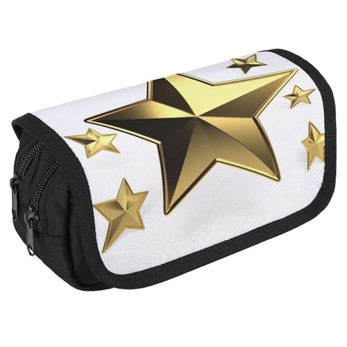 TKJMCSW Federmäppchen mit großem Fassungsvermögen, mit Reißverschluss, goldfarbener Stern, multifunktionales Federmäppchen mit 3 Fächern, Make-up-Tasche für Erwachsene, Stoff, Make-up-Tasche für Damen von TKJMCSW