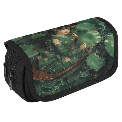 TKJMCSW Federmäppchen mit großem Fassungsvermögen, mit Reißverschluss, grüne Blätter und Boot, multifunktionales Federmäppchen mit 3 Fächern, für Erwachsene, Stoff, Make-up-Tasche für Damen und Herren von TKJMCSW