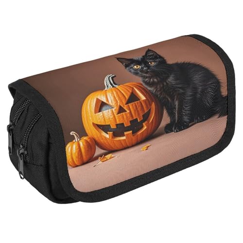 TKJMCSW Federmäppchen mit großem Fassungsvermögen, mit Reißverschluss, niedliche schwarze Katze, multifunktionales Federmäppchen mit 3 Fächern, Make-up-Tasche für Erwachsene, Stoff, Make-up-Tasche für von TKJMCSW