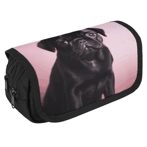 TKJMCSW Federmäppchen mit großem Fassungsvermögen, mit Reißverschluss, niedliches schwarzes Mops-Federmäppchen, multifunktionales Federmäppchen mit 3 Fächern, Make-up-Tasche für Erwachsene, aus Stoff von TKJMCSW