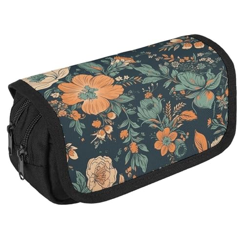 TKJMCSW Federmäppchen mit großem Fassungsvermögen, mit Reißverschluss, orangefarbene und grüne Blumen, multifunktionales Federmäppchen mit 3 Fächern, Make-up-Tasche für Erwachsene, aus Stoff, für von TKJMCSW