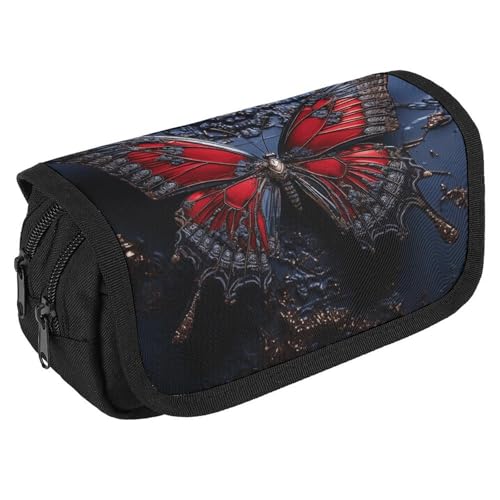 TKJMCSW Federmäppchen mit großem Fassungsvermögen, mit Reißverschluss, roter Schmetterling, multifunktionales Federmäppchen mit 3 Fächern, Make-up-Tasche für Erwachsene, Stoff, Make-up-Tasche für von TKJMCSW