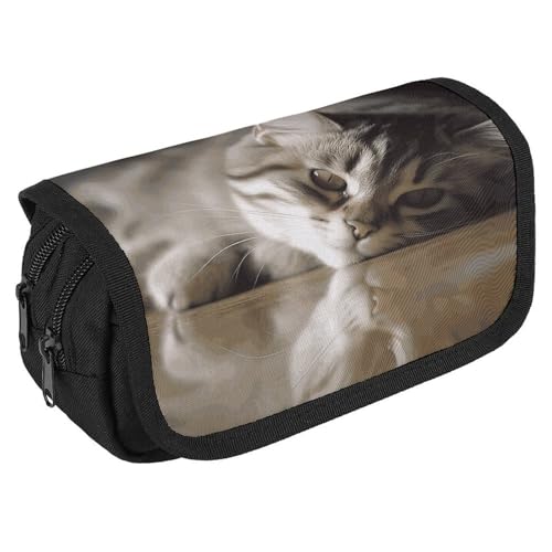 TKJMCSW Federmäppchen mit großem Fassungsvermögen, mit Reißverschluss, schlafende Katze, multifunktionales Federmäppchen mit 3 Fächern, Make-up-Tasche für Erwachsene, Stoff, Make-up-Tasche für Damen von TKJMCSW