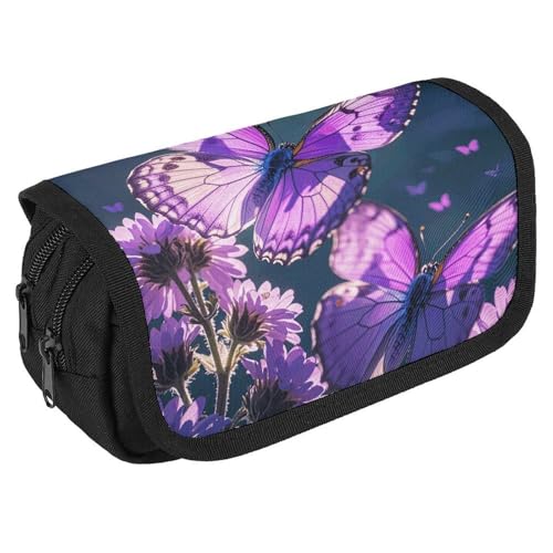 TKJMCSW Federmäppchen mit großem Fassungsvermögen, mit Reißverschluss, schöne violette Schmetterlinge, multifunktionales Federmäppchen mit 3 Fächern, Make-up-Tasche für Erwachsene, aus Stoff, für von TKJMCSW