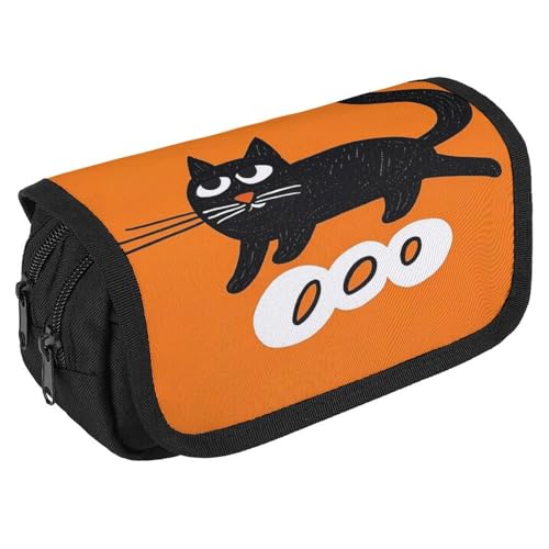 TKJMCSW Federmäppchen mit großem Fassungsvermögen, mit Reißverschluss, schwarze Katze, multifunktionales Federmäppchen mit 3 Fächern, Make-up-Tasche für Erwachsene, Stoff, Make-up-Tasche für Damen und von TKJMCSW