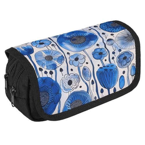 TKJMCSW Federmäppchen mit großem Fassungsvermögen, mit Reißverschluss, weiße blaue Tinte, multifunktionales Federmäppchen mit 3 Fächern, Make-up-Tasche für Erwachsene, Stoff, Make-up-Tasche für Damen von TKJMCSW