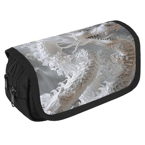 TKJMCSW Federmäppchen mit großem Fassungsvermögen, mit Reißverschluss, weißer Drachen-Stil, multifunktionales Federmäppchen mit 3 Fächern, Make-up-Tasche für Erwachsene, Stoff, Make-up-Tasche für von TKJMCSW