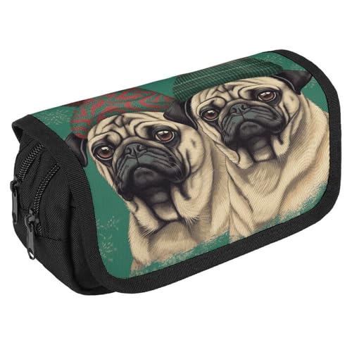 TKJMCSW Federmäppchen mit großem Fassungsvermögen, mit Reißverschluss, zwei Möpse mit Hüten, multifunktionales Federmäppchen mit 3 Fächern, Make-up-Tasche für Erwachsene, aus Stoff, für Damen und von TKJMCSW