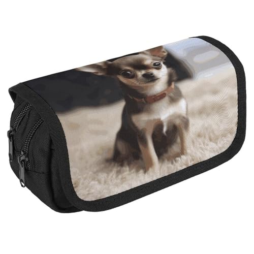 TKJMCSW Federmäppchen mit großem Fassungsvermögen, niedliches Chihuahua-Federmäppchen, multifunktionales Federmäppchen mit 3 Fächern, für Erwachsene, Stoff, Make-up-Tasche für Damen und Herren von TKJMCSW