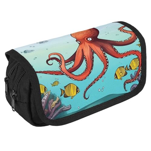 TKJMCSW Großes Federmäppchen mit Reißverschluss, riesiges Oktopus-Federmäppchen, multifunktionales Federmäppchen mit 3 Fächern, Make-up-Tasche für Erwachsene, Stoff, Make-up-Tasche für Damen und von TKJMCSW